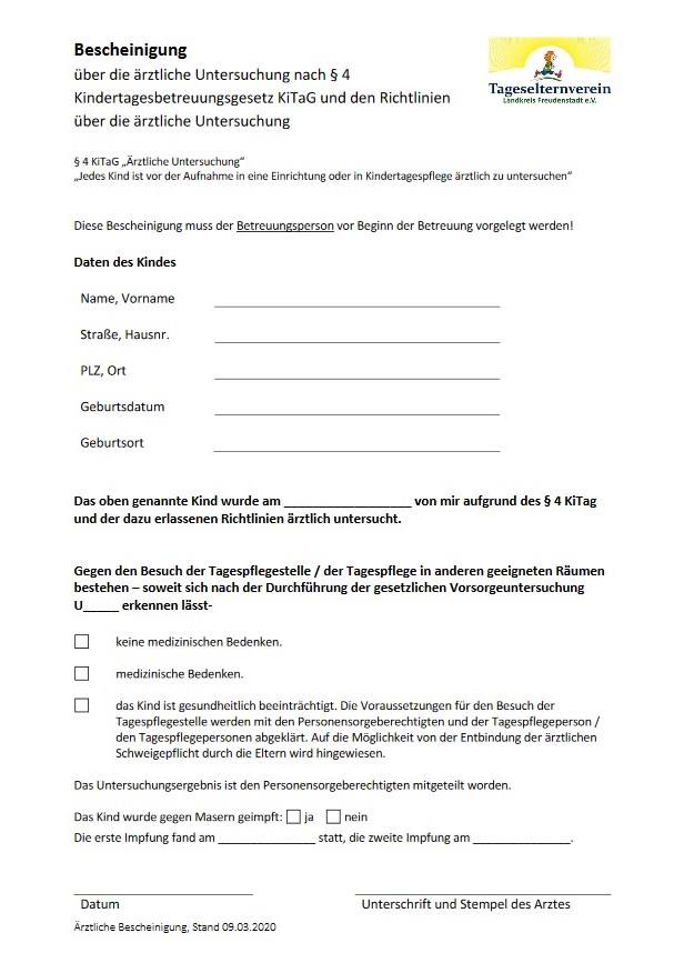 Ärztliche Bescheinigung für Tageskinder