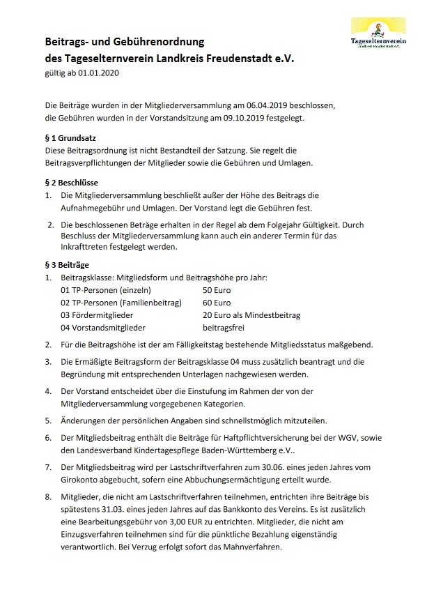 Beitrags- und Gebührenordnung