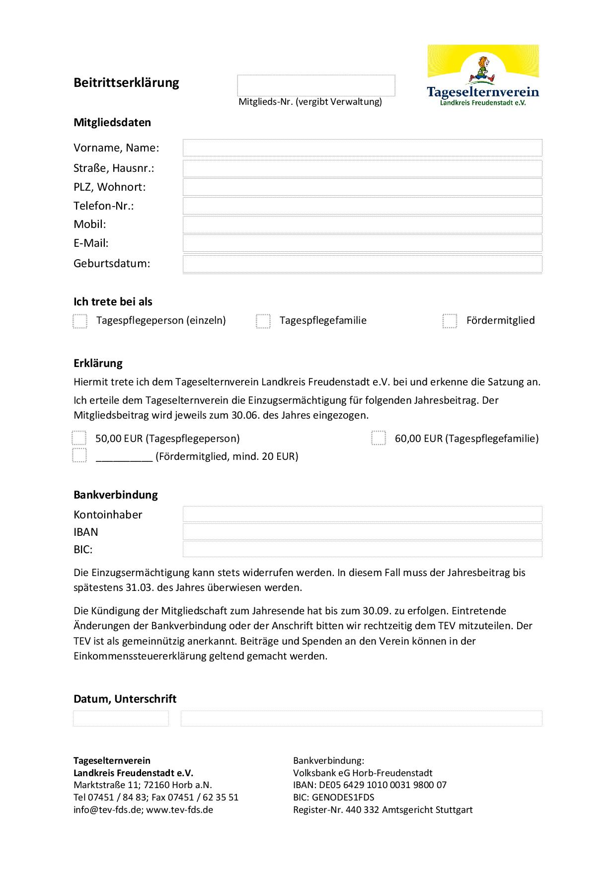 Beitrittserklärung Tageselternverein Landkreis Freudenstadt e.V.