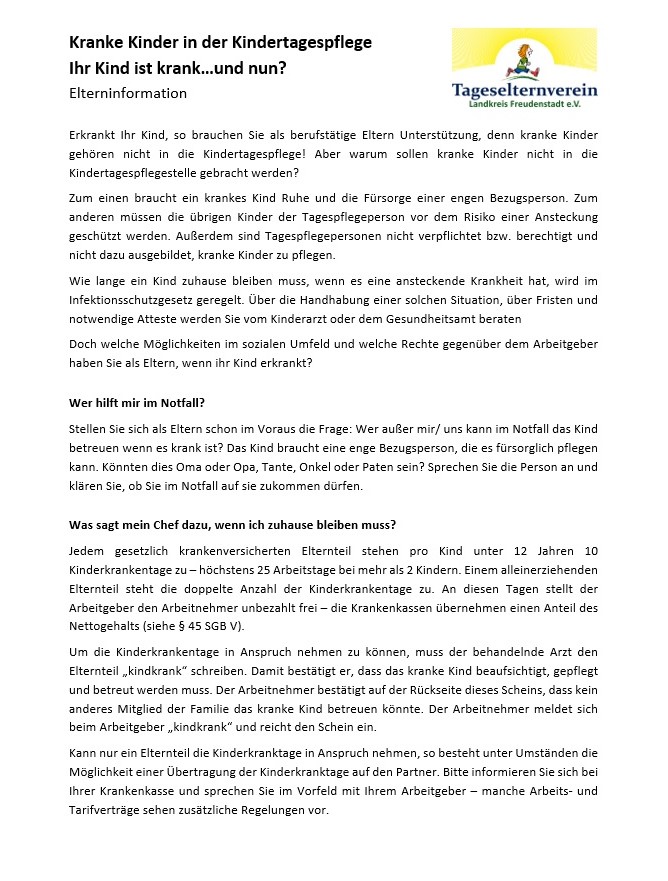 Elterninfo "Kranke Kinder in der Kindertagespflege"