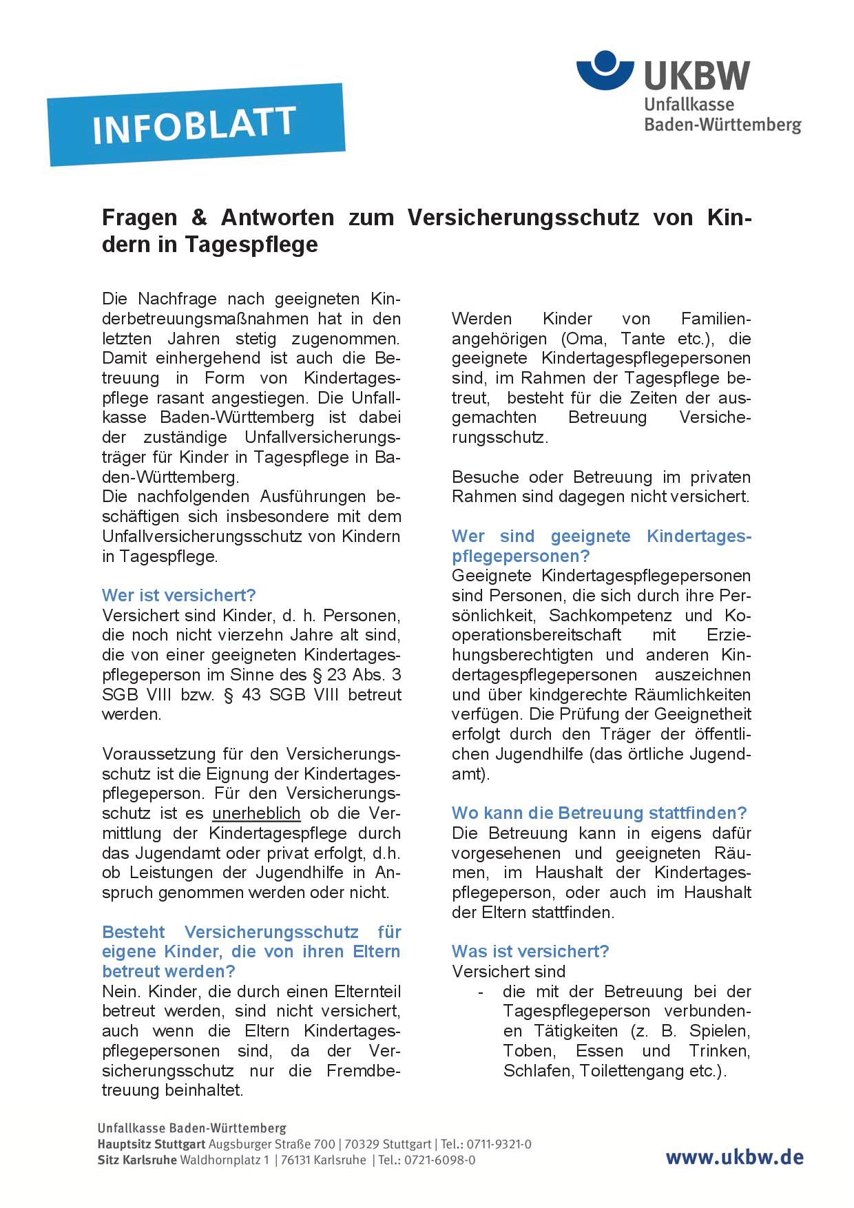 Infoblatt UKBW Fragen und Antworten zum Versicherungsschutz