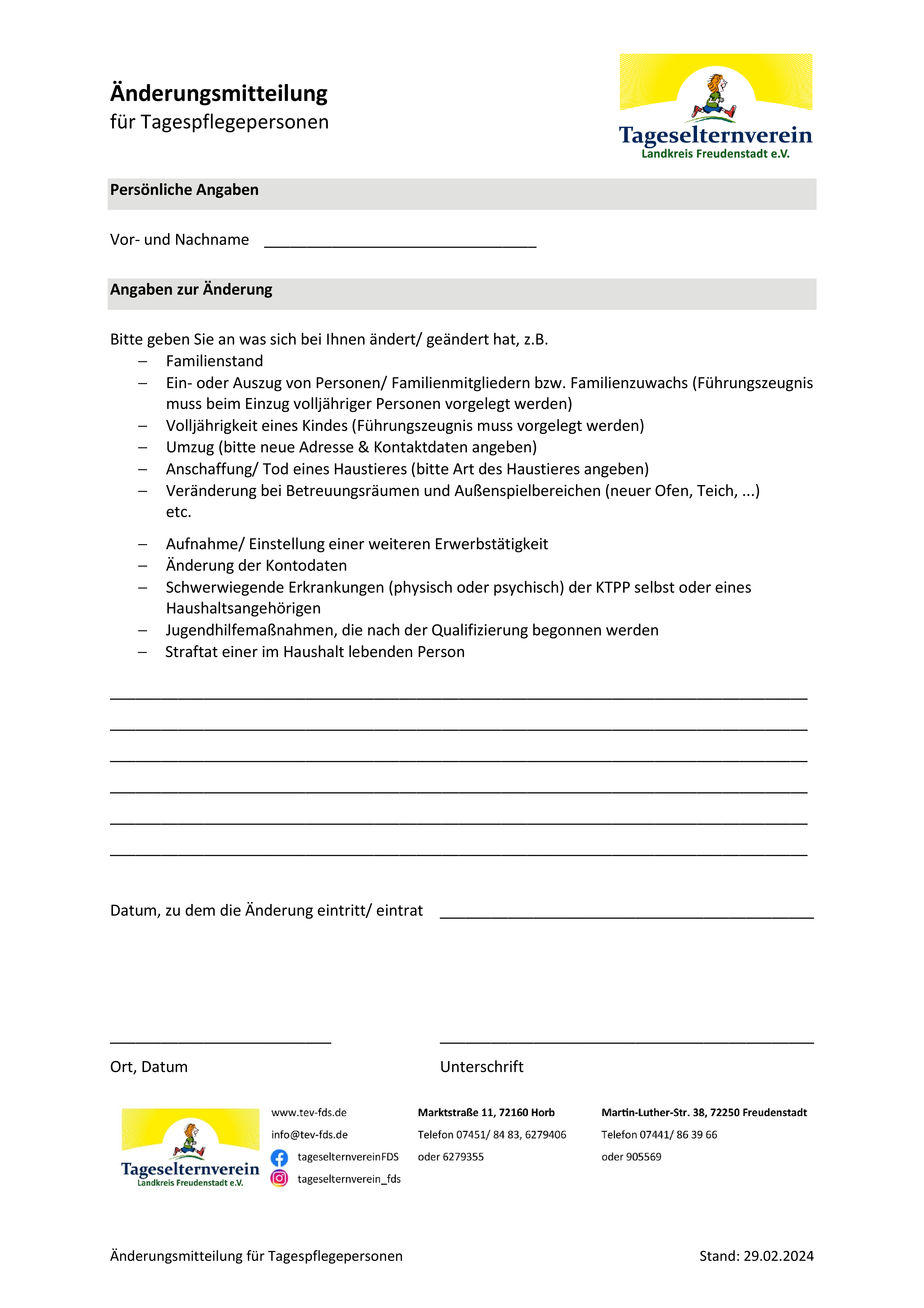 Änderungsmitteilung für Tageseltern